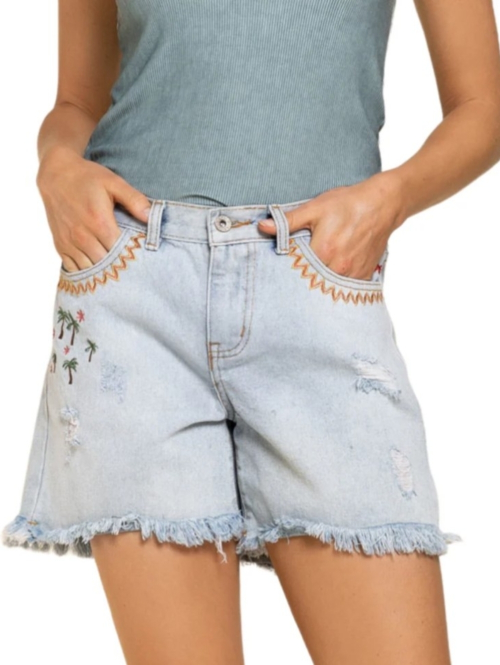POL High Rise Embroidered Distressed Fringed Raw Hem Denim Women's Shorts